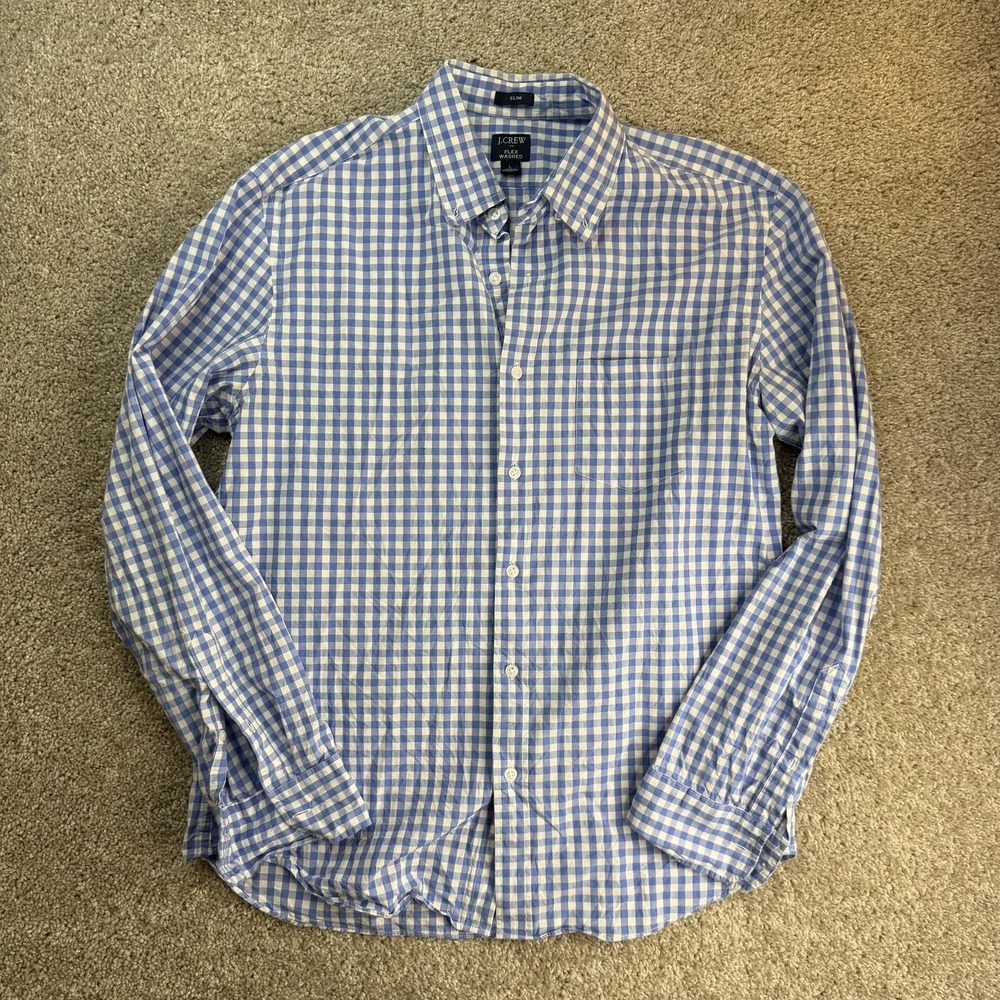 J.Crew Shirt Mens Large Blue Check Long Sleeve Button Up Slim Flex Washed Casual